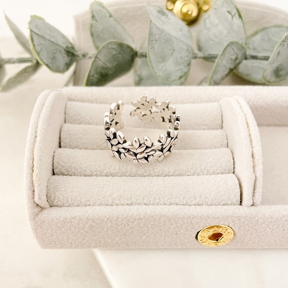 925 Sterling Silver Flower Ring Geometric Ring Leaf Ring Silver Chunky Ring - Picture 5 of 10